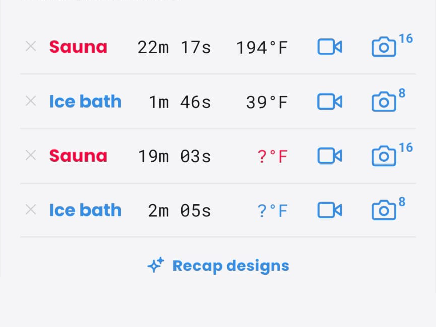 Sauna and ice bath rounds timed in the ReCold app